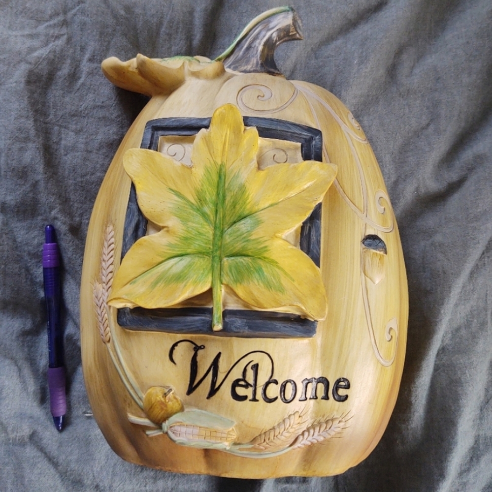 Vintage Hand Painted Hobbyist Harvest Leaf Welcome Pumpkin